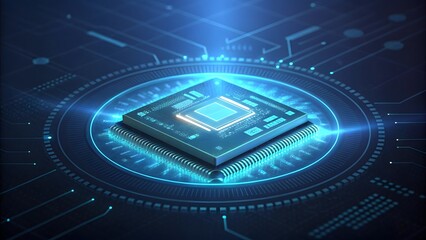 Futuristic blue glowing microchip processor on a circuit board with digital connections