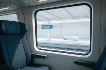 Calm interior view from a modern train seat looking out onto an empty station platform, conveying comfort, stillness, routine travel, and contemporary rail design.