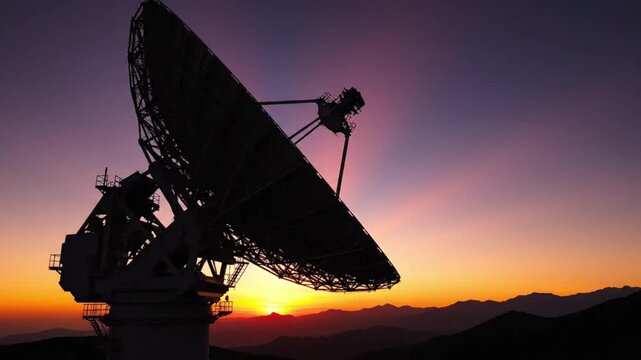 Dynamic satellite dish tracking the horizon at dusk as it monitors space signals and discovers new frontiers in a vibrant twilight landscape