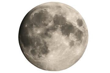 Full moon in detailed view with craters, symbolizing space, astronomy, and science, on transparent background