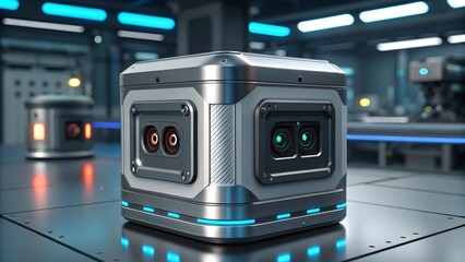 Futuristic metallic container with glowing blue lights in a laboratory setting