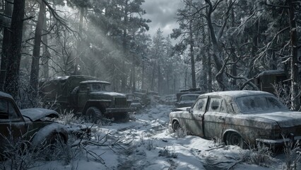 Old abandoned rusty vehicles covered in snow in a desolate wintry forest landscape with sunlight
