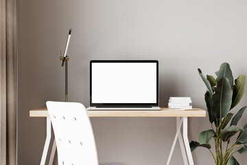 Blank 3D screen on laptop workspace with decor elements
