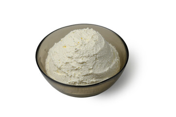 Homemade Cottage Cheese in a White Ceramic Bowl on a Pure White Background.