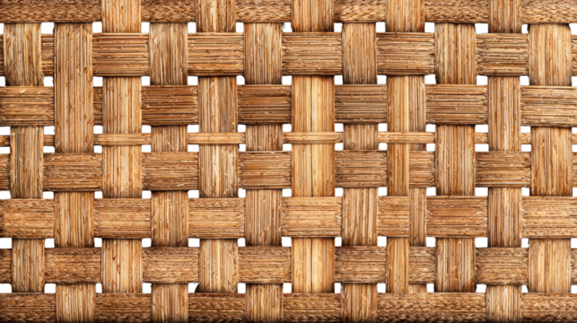 Close up view of natural brown woven straw or wicker surface texture showing interconnected fiber structure perfect for organic backgrounds packaging or home furnishing product materials