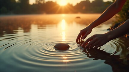 Simulated lo-fi "found footage": Golden hour lake scene with heavy film grain and AI-augmented, perfectly circular ripples expanding at an unnaturally accelerated, mechanical pace.