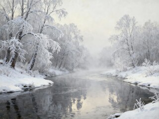 Snow-covered trees line a calm river in a serene winter landscape with misty reflections.