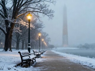 Snow-covered pathway with illuminated lampposts and benches near a monument in foggy winter weather