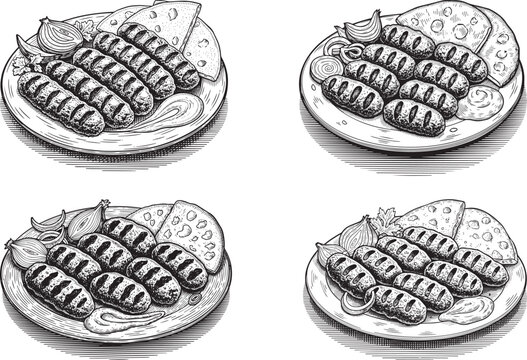 Vintage engraved Serbian ćevapi grill platter icon set featuring grilled sausages, flatbread garnish and classic Balkan culinary style