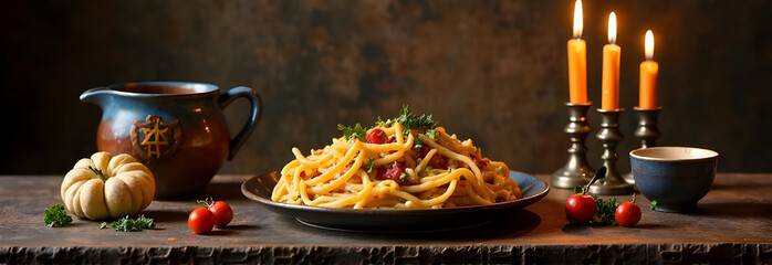 A glowing Hanukkiah lights up a festive dinner table, filled with traditional Hanukkah dishes and joyful family gatherings. High quality photo