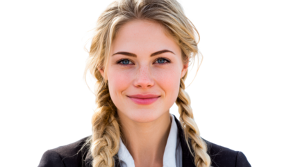 Young blonde woman with pigtails wearing a blazer, smiling softly with blue eyes, perfect for business and lifestyle content