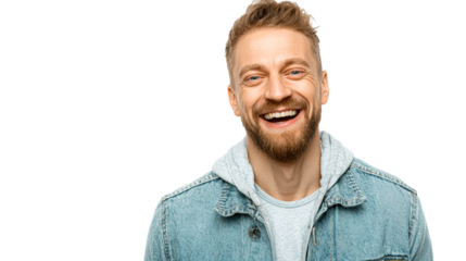 Happy man with beard and blue eyes laughing heartily, wearing a denim jacket over a hoodie, perfect for expressing joy and positivity in advertising campaigns and marketing materials.