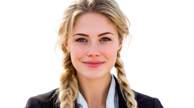 Young blonde woman with pigtails wearing a blazer, smiling softly with blue eyes, perfect for business and lifestyle content