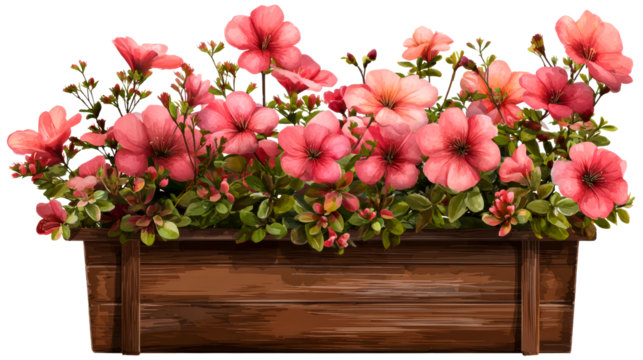 Abundant pink petunia flowers overflowing from a rustic wooden planter, perfect for spring and summer gardening themes and floral presentations.