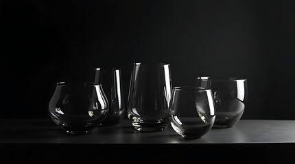 Unique studio product photo: Elegant, sculptural drinking glasses crafted from 100% recycled industrial carbon emissions, with a smoky charcoal hue and swirling silver inclusions.