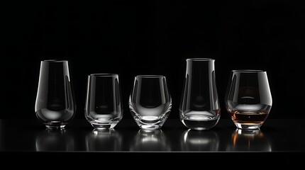 Minimalist composition emphasizing sophistication: Dramatic studio lighting highlights the translucent, artisanal quality of elegant drinking glasses made from recycled carbon emissions.
