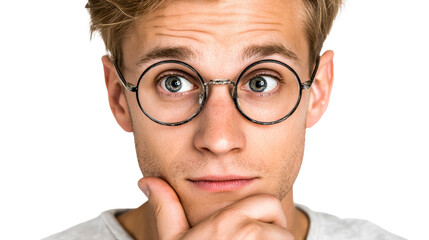 Close up portrait of a young man with glasses looking up in surprise or thought, perfect for portraying curiosity and contemplation in media projects.