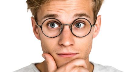 Close up portrait of a young man with glasses looking up in surprise or thought, perfect for portraying curiosity and contemplation in media projects.