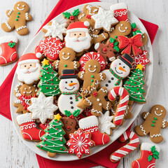 Fototapeta premium Festive platter of assorted decorated Christmas cookies, including gingerbread men, Santa Claus, and snowmen for the holidays.