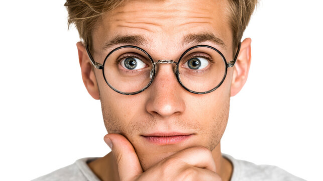 Close up portrait of a young man with glasses looking up in surprise or thought, perfect for portraying curiosity and contemplation in media projects. - Powered by Adobe