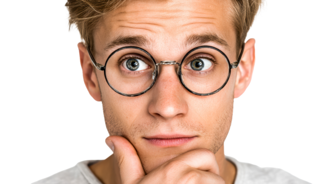 Close up portrait of a young man with glasses looking up in surprise or thought, perfect for portraying curiosity and contemplation in media projects. - Powered by Adobe