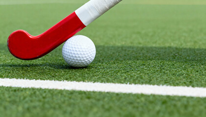 Red field hockey stick and white ball on green artificial turf. Close up of sport equipment on grass pitch with boundary line