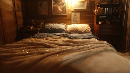 Cozy bedroom with wooden walls soft lighting and a comfortable inviting bed