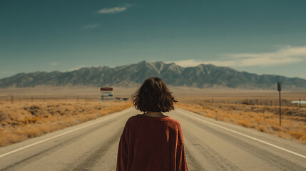 Scene of a young woman in the middle of a cross-country road trip