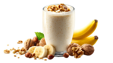 Healthy banana walnut smoothie in a glass with fresh nuts and mint leaves, perfect for breakfast or a refreshing snack promotion