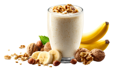 Healthy banana walnut smoothie in a glass with fresh nuts and mint leaves, perfect for breakfast or a refreshing snack promotion