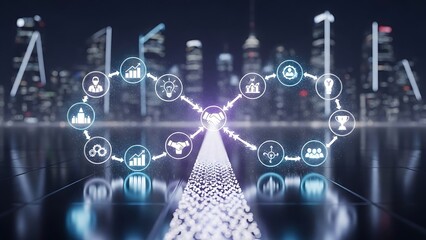Dynamic network connecting business icons with handshake at center, symbolizing growth, innovation, and collaboration in a modern urban setting