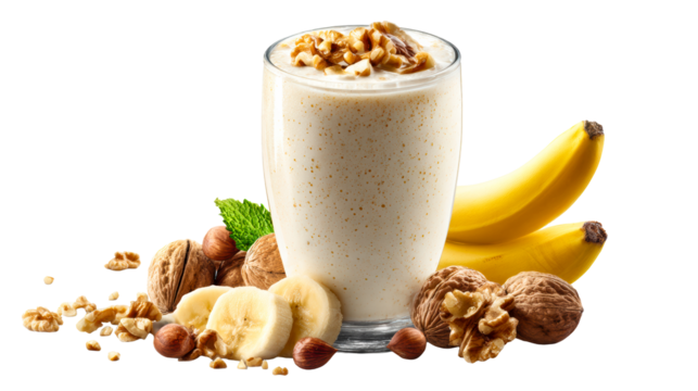 Healthy banana walnut smoothie in a glass with fresh nuts and mint leaves, perfect for breakfast or a refreshing snack promotion
