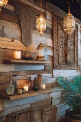 Rustic wooden wall adorned with shelves lanterns and decorative carved panels