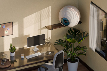 3D eye sculpture watching over minimalist office setup