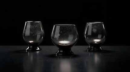 High-quality studio photo: Collection of elegant drinking glasses with smoky charcoal hue and swirling silver inclusions, showcasing functional material transformed from industrial carbon emissions.