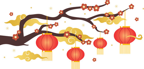 Chinese new year tree with hanging red Chinese lanterns and flowers. Decorations for the Chinese New Year.