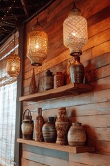 Decorative lanterns and ethnic vases adorn wooden shelves in warm interior light