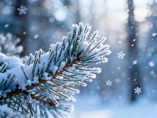 Snow-covered pine branch in a winter forest with falling snowflakes