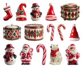 PNG Festive ceramic Christmas decorations collection, element set on transparent background