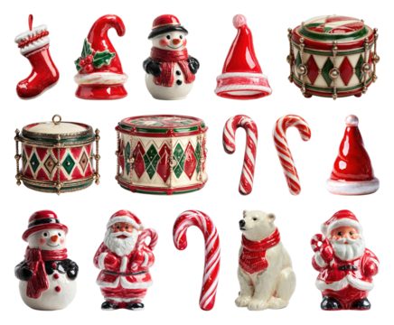 PNG Festive ceramic Christmas decorations collection, element set on transparent background
