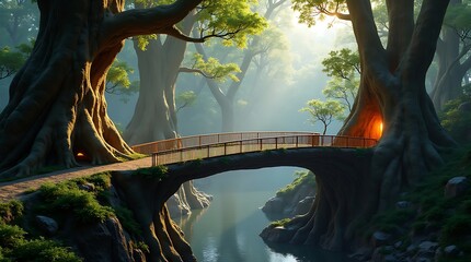 Unique 3D rendering: Pedestrian bridge structurally fused with towering trees, made of self-repairing biomimetic material with glowing orange veins sensing damage.