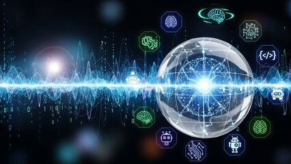 Futuristic AI brain concept with glowing orb and digital wave, perfect for science, technology, and innovative solutions presentations and marketing