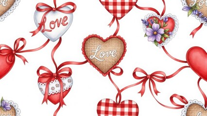 Assorted hearts with love text and red ribbons on white background image