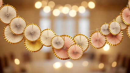 Elegant paper fan garland in soft pastel colors gracefully suspended in a festive indoor event space, featuring blurred bokeh lights and a warm, inviting atmosphere perfect for celebrations