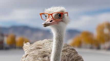 An ostrich wearing glasses is standing in front of a mountain. The scene has a playful and whimsical mood, as the ostrich is dressed in human-like clothing and accessories