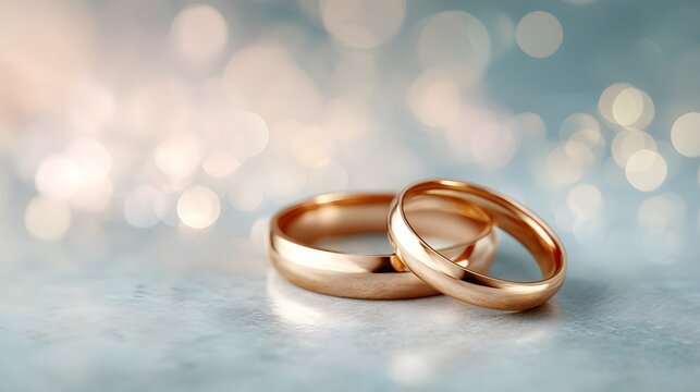 Two gold wedding bands on light blue surface with warm bokeh background, symbol of love and commitment