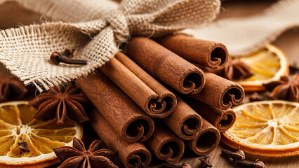 Fragrant cinnamon sticks tied with rustic burlap, surrounded by star anise, dried orange slices, and cloves, creating a warm, inviting, and spicy culinary theme