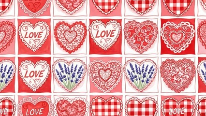 Red and pink hearts with lace and lavender patterns love valentine