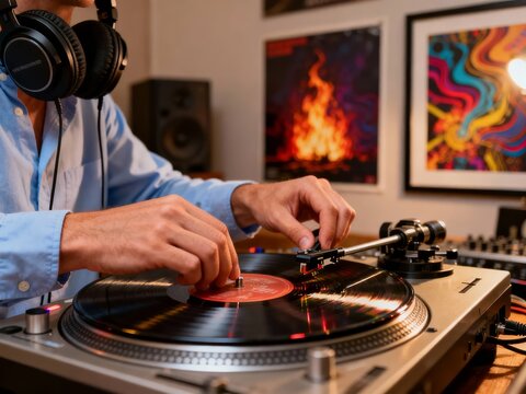 Person using turntable with vinyl record, adjusting tonearm and needle in a room with artwork and audio equipment