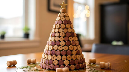 Handmade festive tree centerpiece crafted from recycled wine corks, topped with a star and green accents, offering unique, sustainable holiday decoration